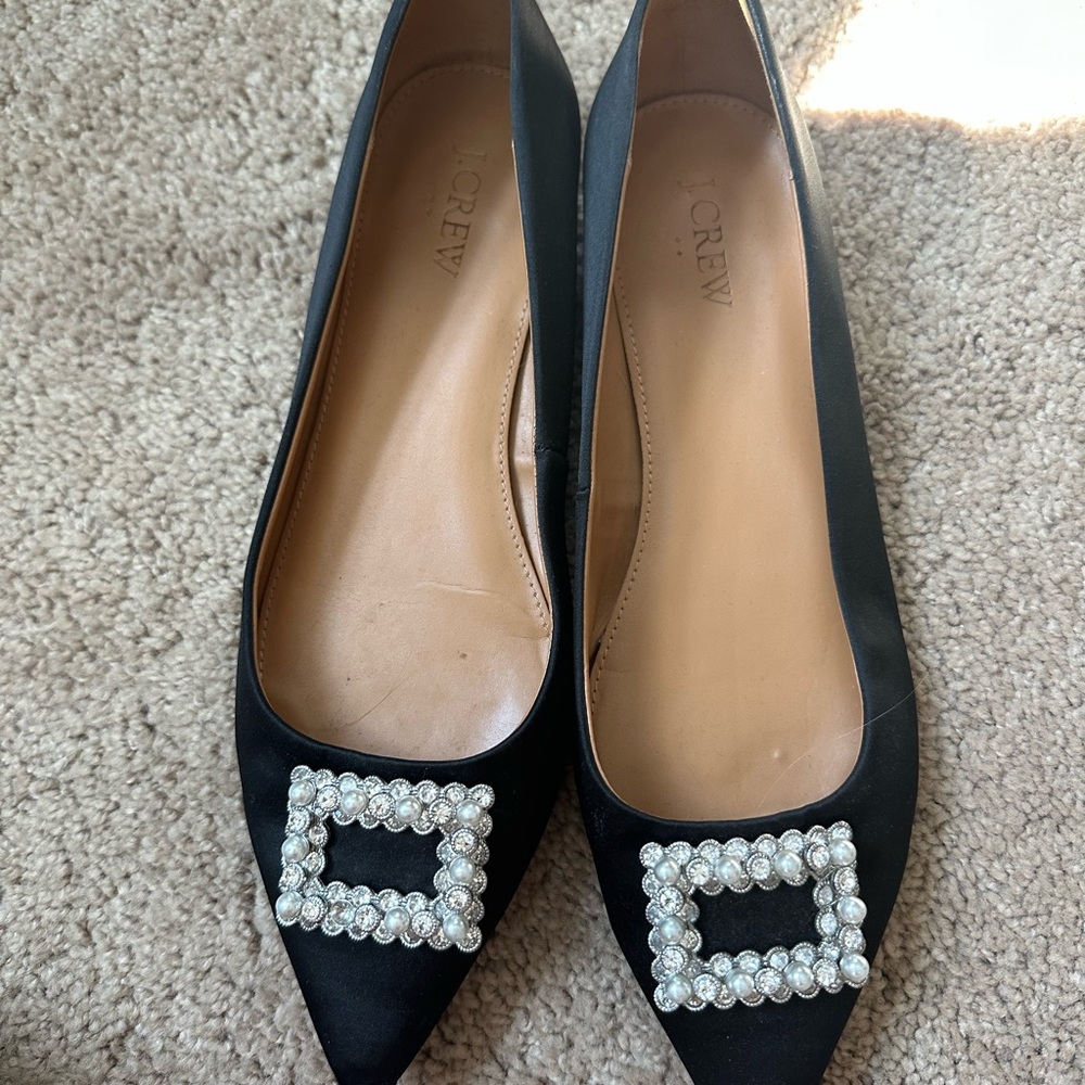 J. Crew Black Satin Flats with Pearl Embellishment